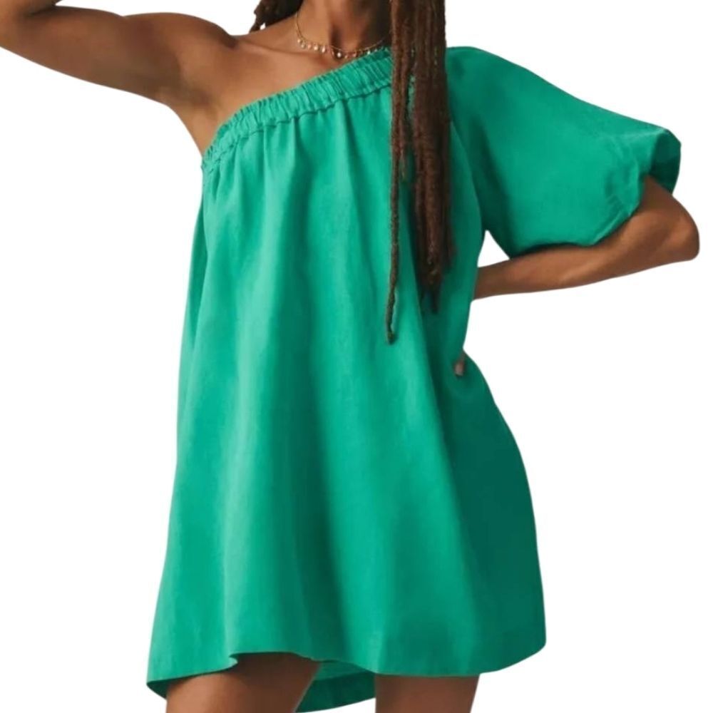 Anthropologie Dress Women's Medium Petite Green One Shoulder Puff Sleeve Linen